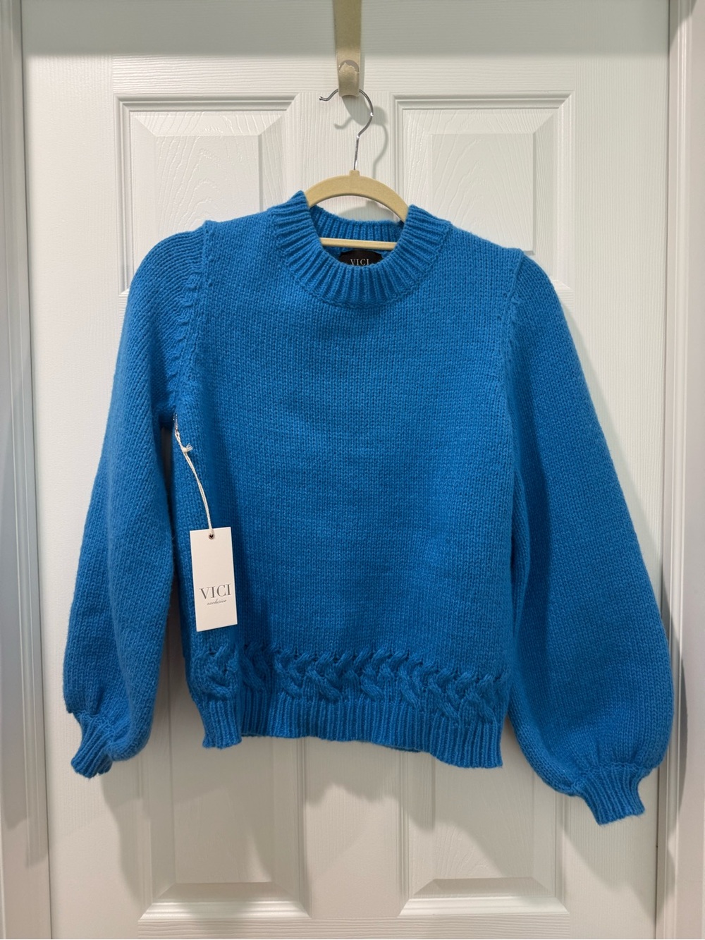 VICI Bright Blue Crewneck Sweater with Braided Hem